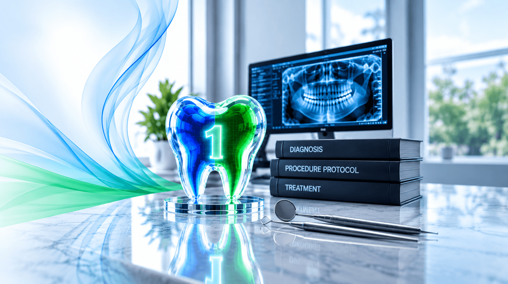 Glowing blue and green tooth model with number one, dental tools, and medical books.