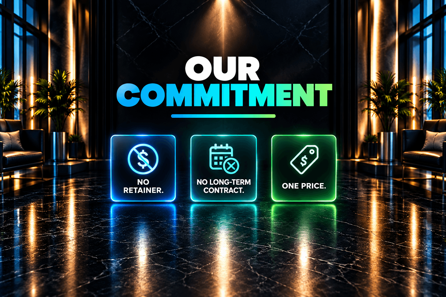 "Our Commitment" text with icons for no retainer, no long-term contract, and one price.