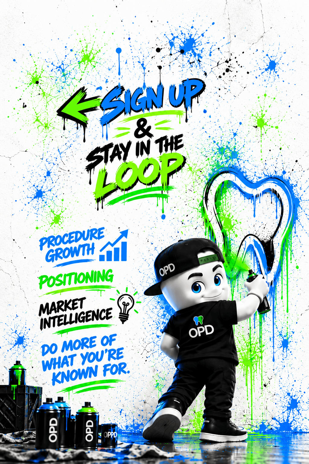 Cartoon mascot spray-painting a tooth on a wall with blue and green graffiti-style text.