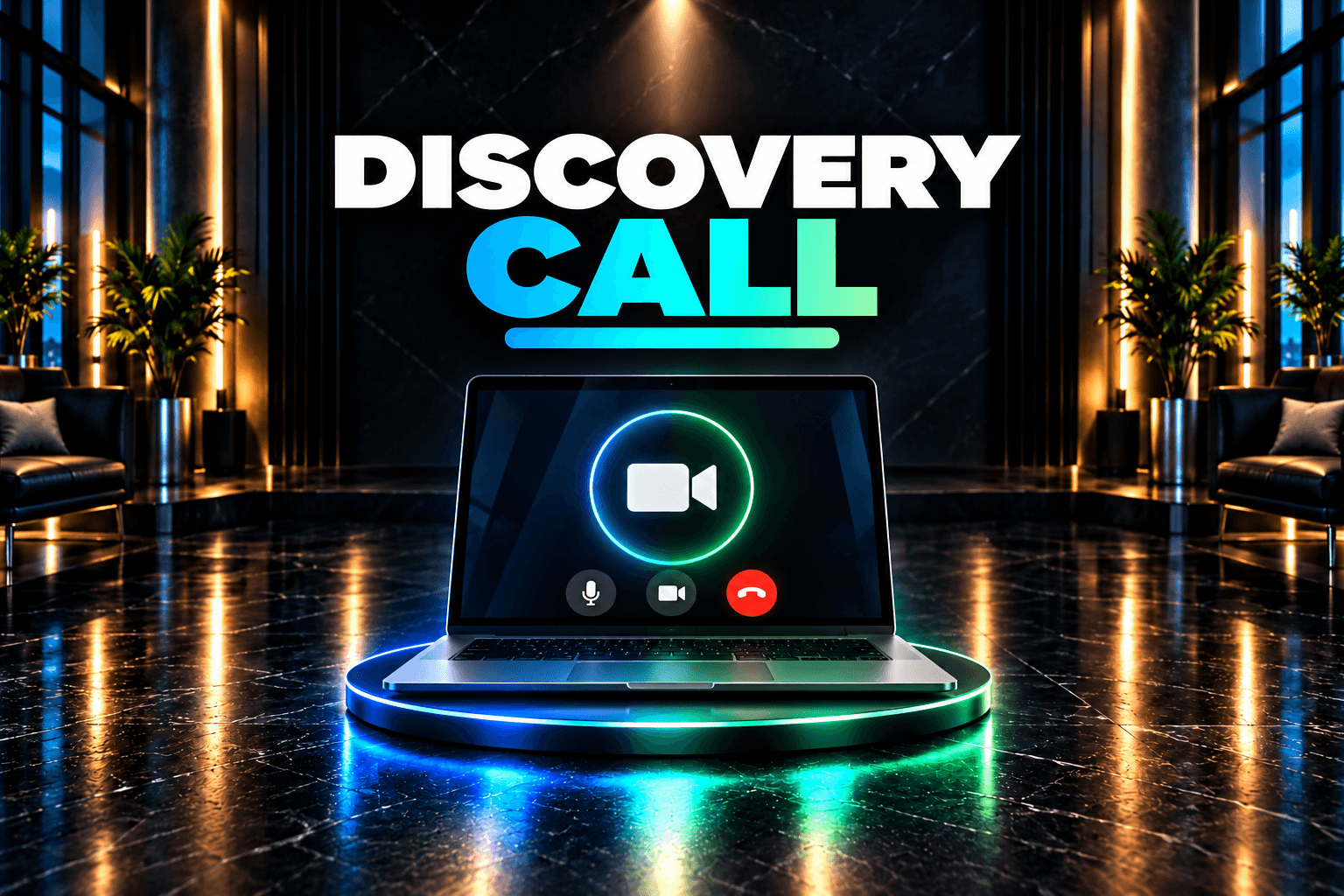 Laptop showing a video call on a neon platform with bold DISCOVERY CALL text above.