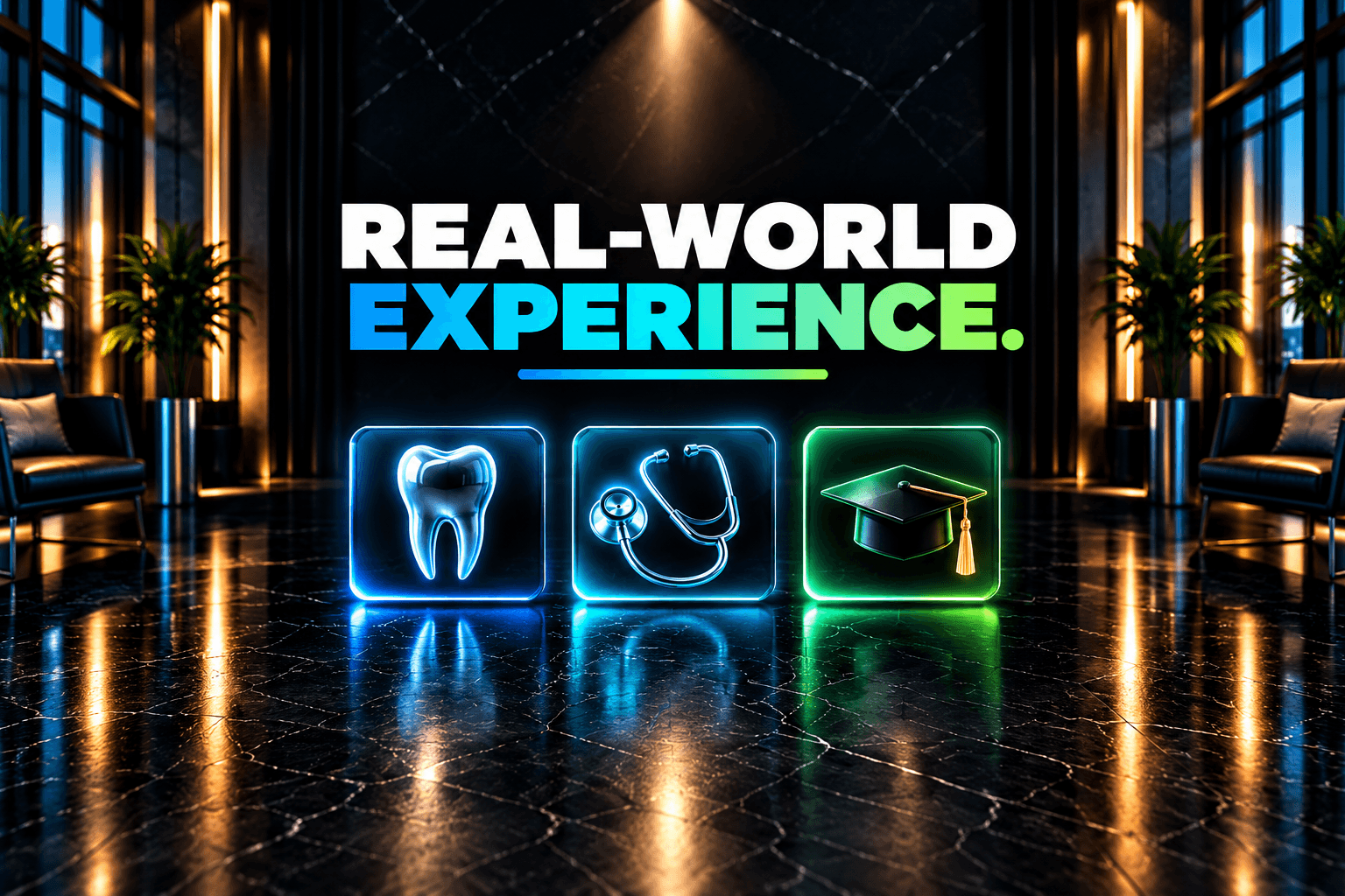 "REAL-WORLD EXPERIENCE" text above glowing tooth, stethoscope, and graduation cap icons in a lobby.