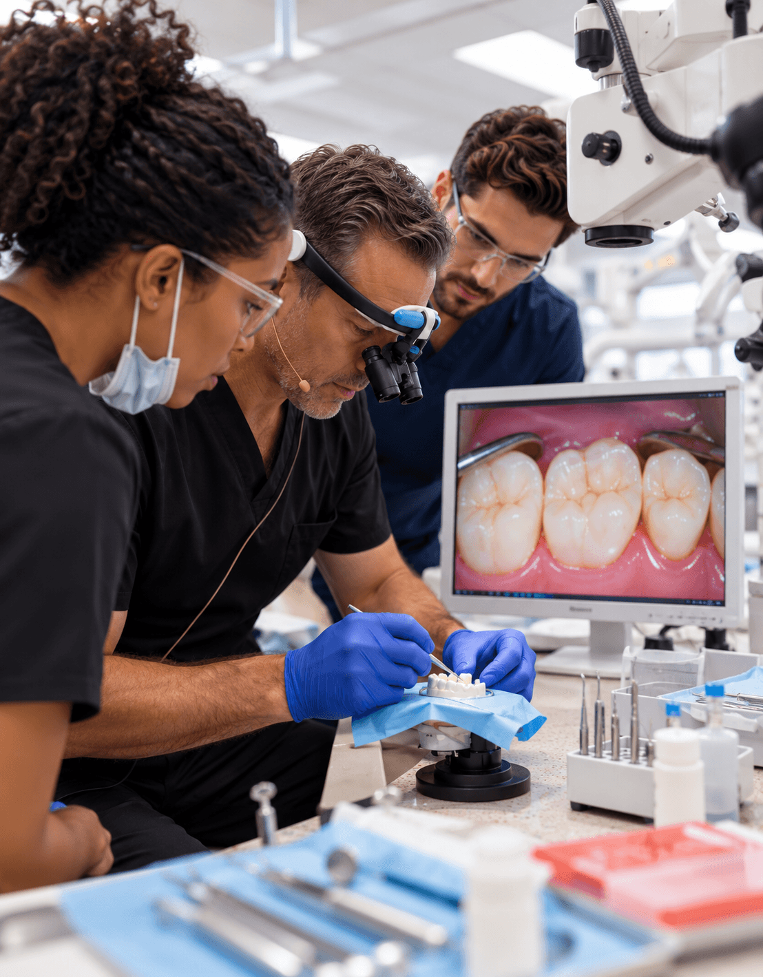 Three dental professionals examine a tooth model while a monitor displays a magnified view.