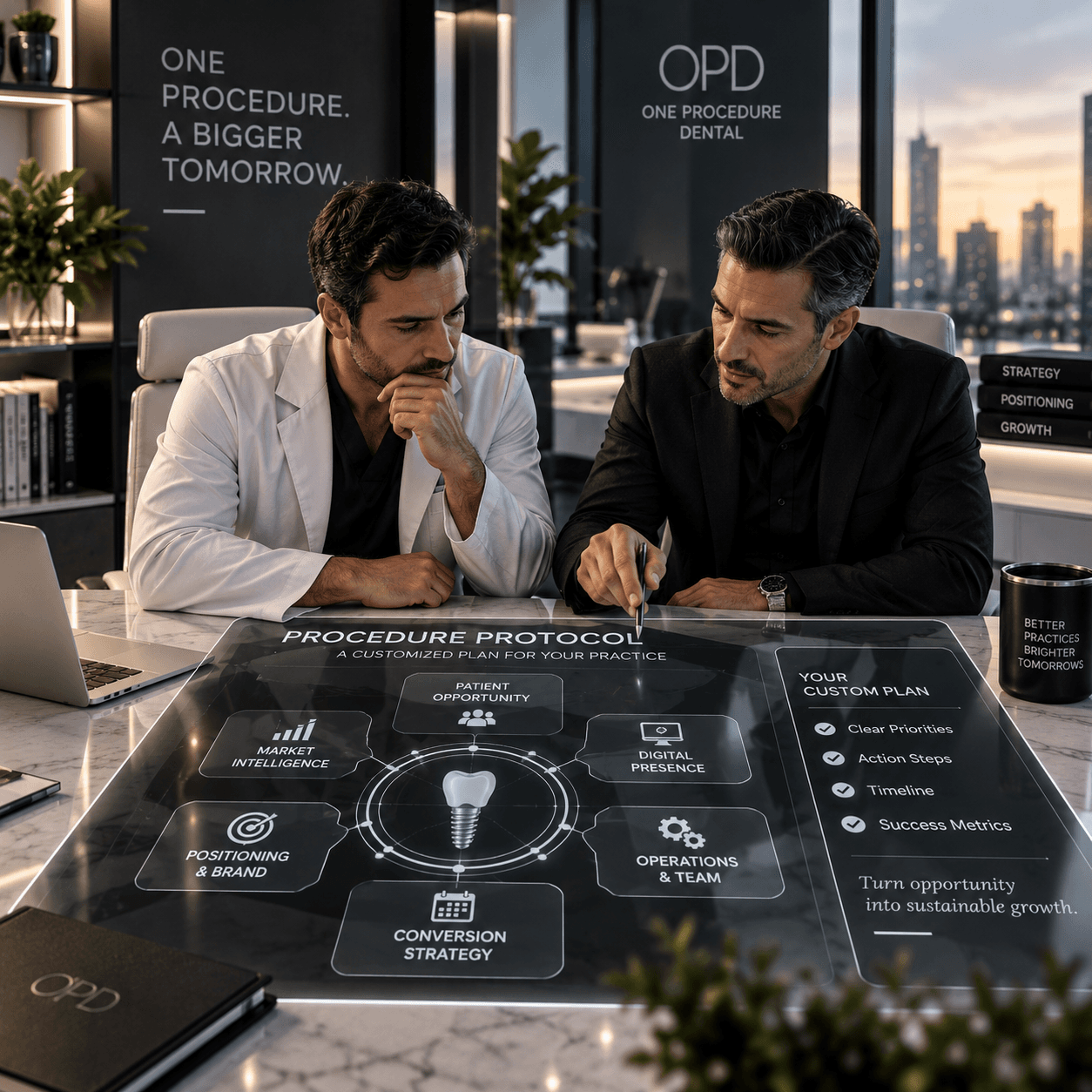 A dentist and consultant analyze a futuristic digital growth plan for a dental practice.