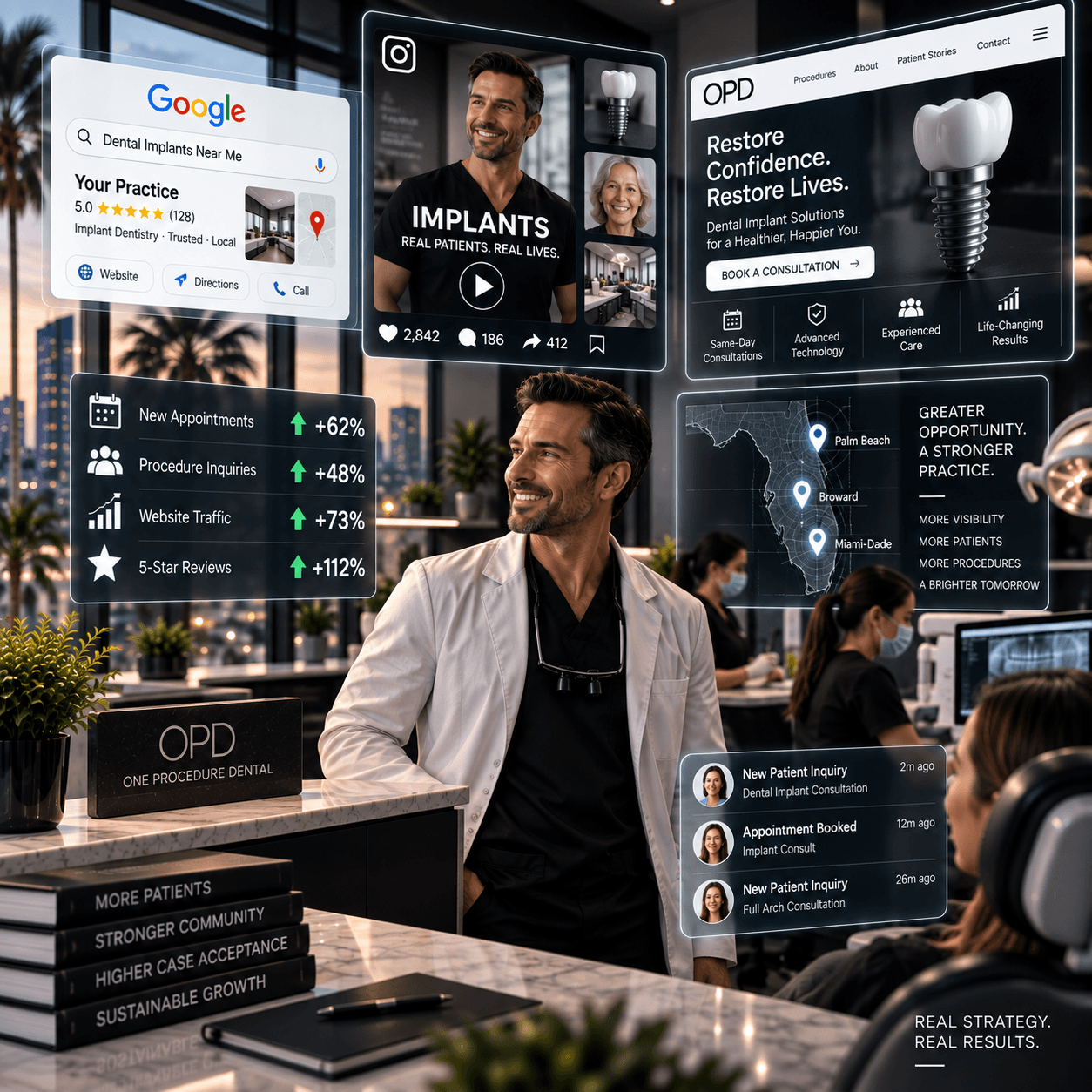 Smiling dentist in a modern office with holographic displays showing dental marketing metrics and growth.