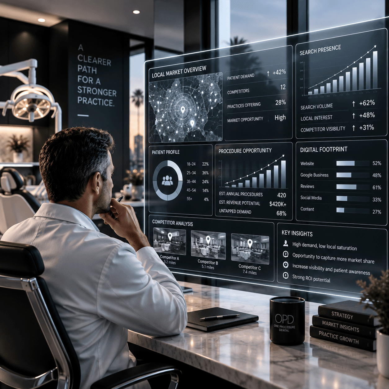 Dentist examining a transparent screen displaying comprehensive market analysis and practice growth metrics.