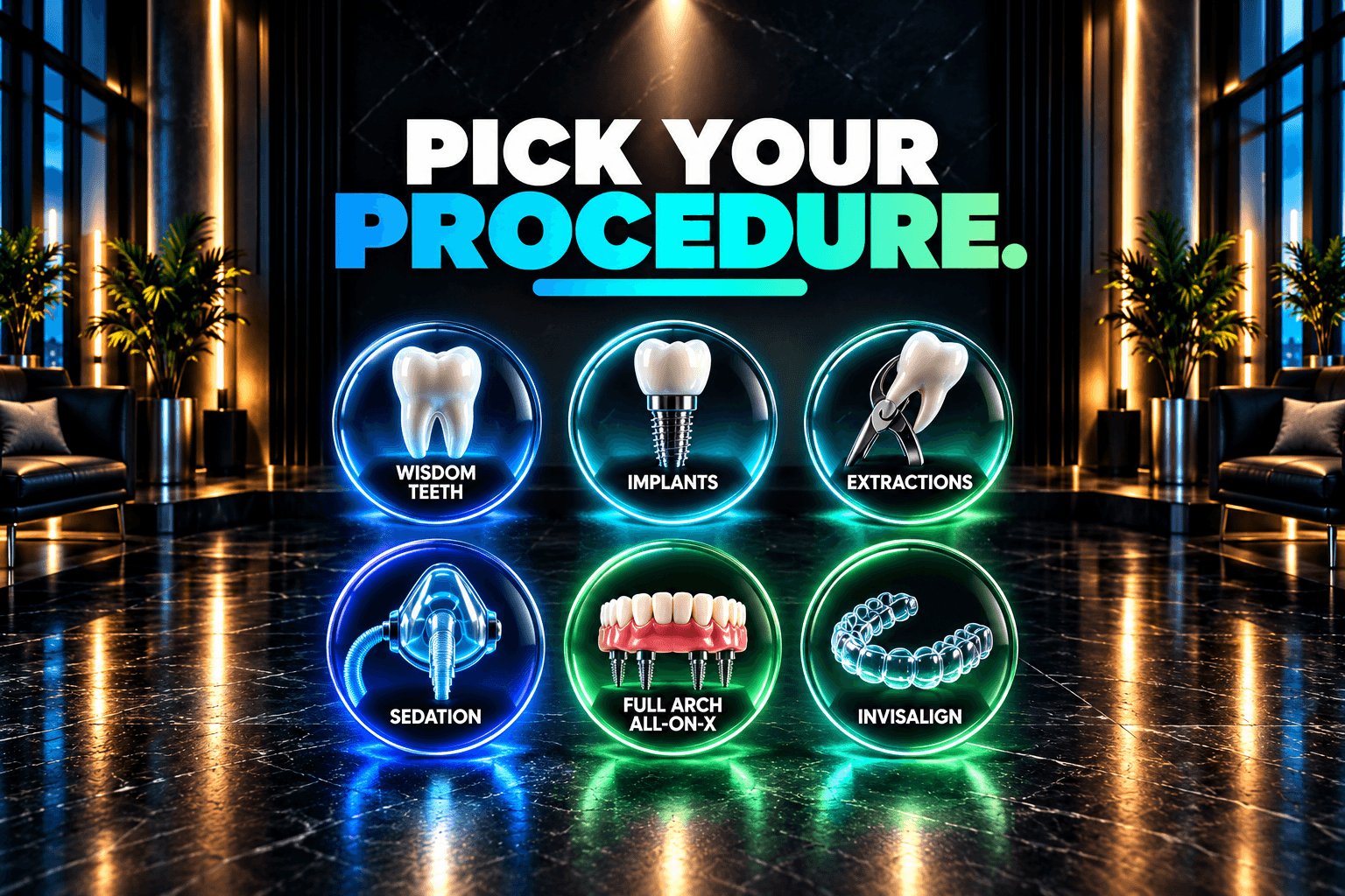 Futuristic dental menu with icons for implants, extractions, sedation, and Invisalign in a luxury setting.