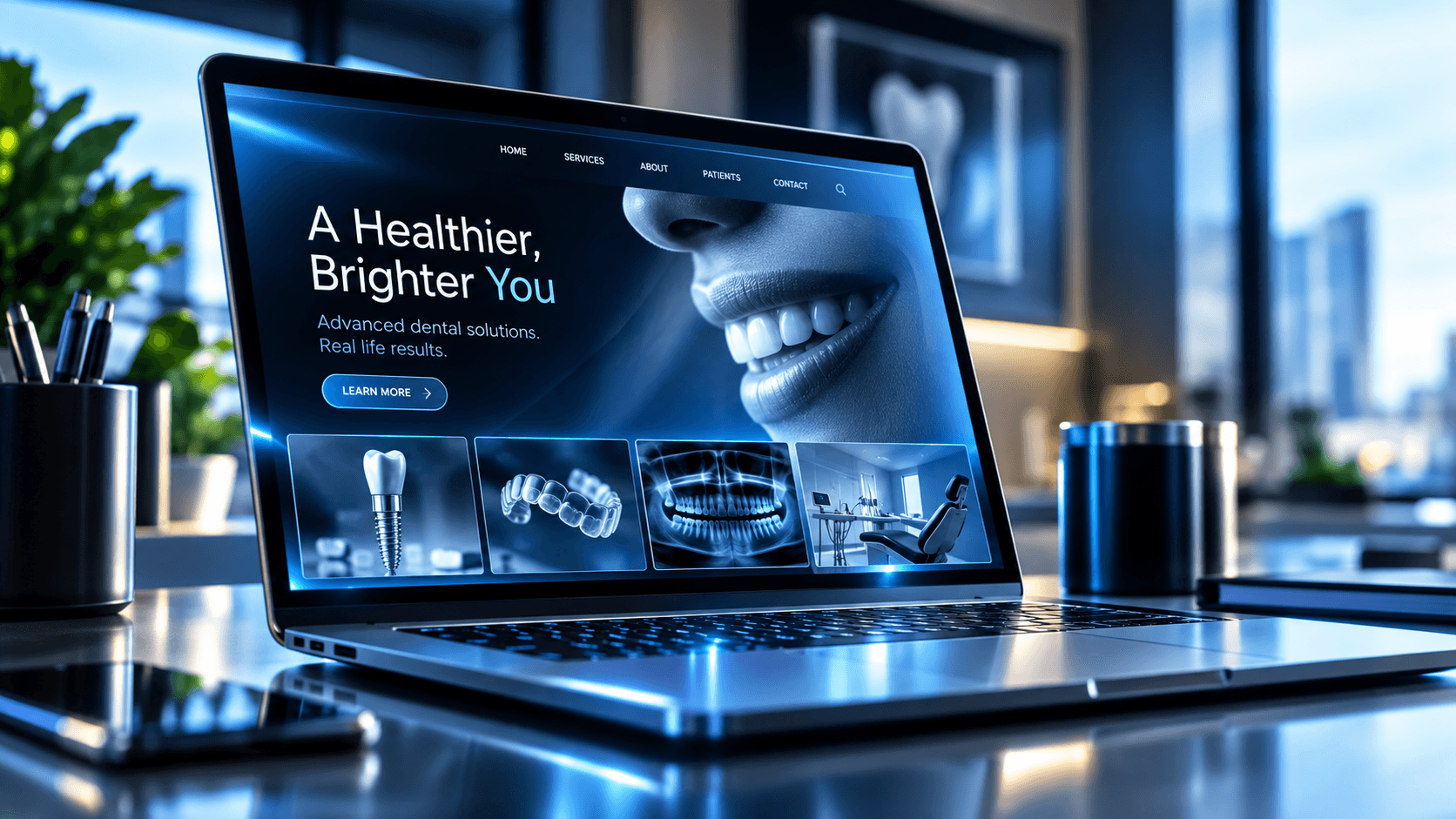 Laptop on a desk displaying a dental clinic website featuring a bright smile and services.