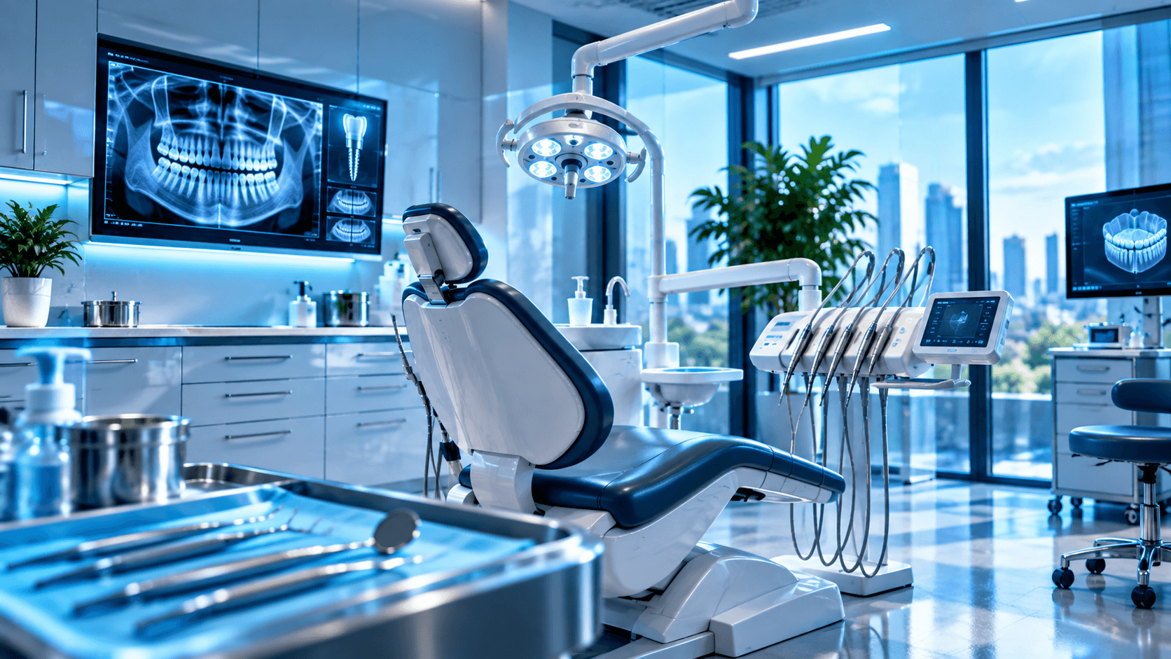Modern dental office with a treatment chair, high-tech equipment, and a panoramic city view.