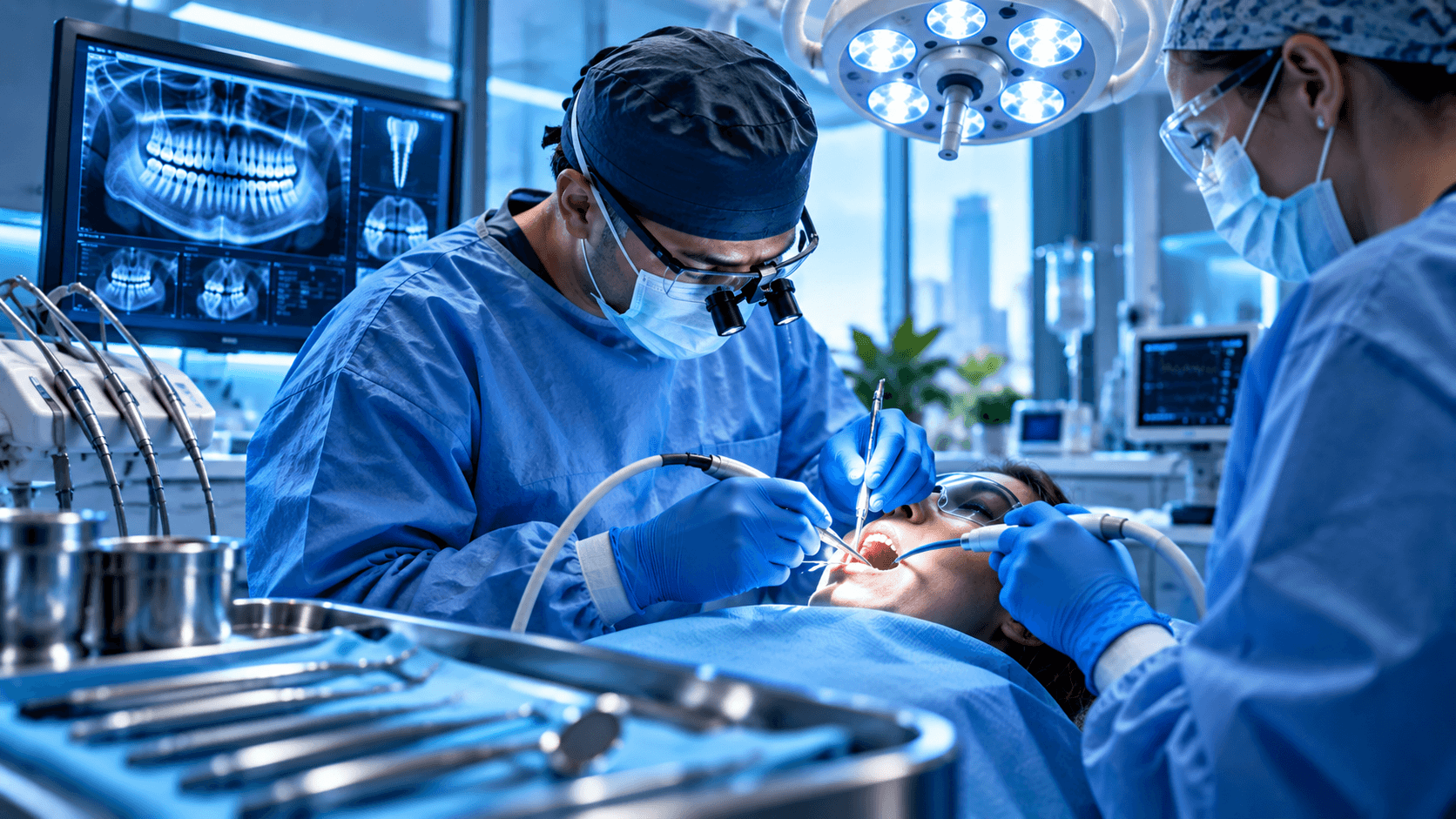 Surgeons performing dental surgery on a patient in a modern room with digital X-ray displays.