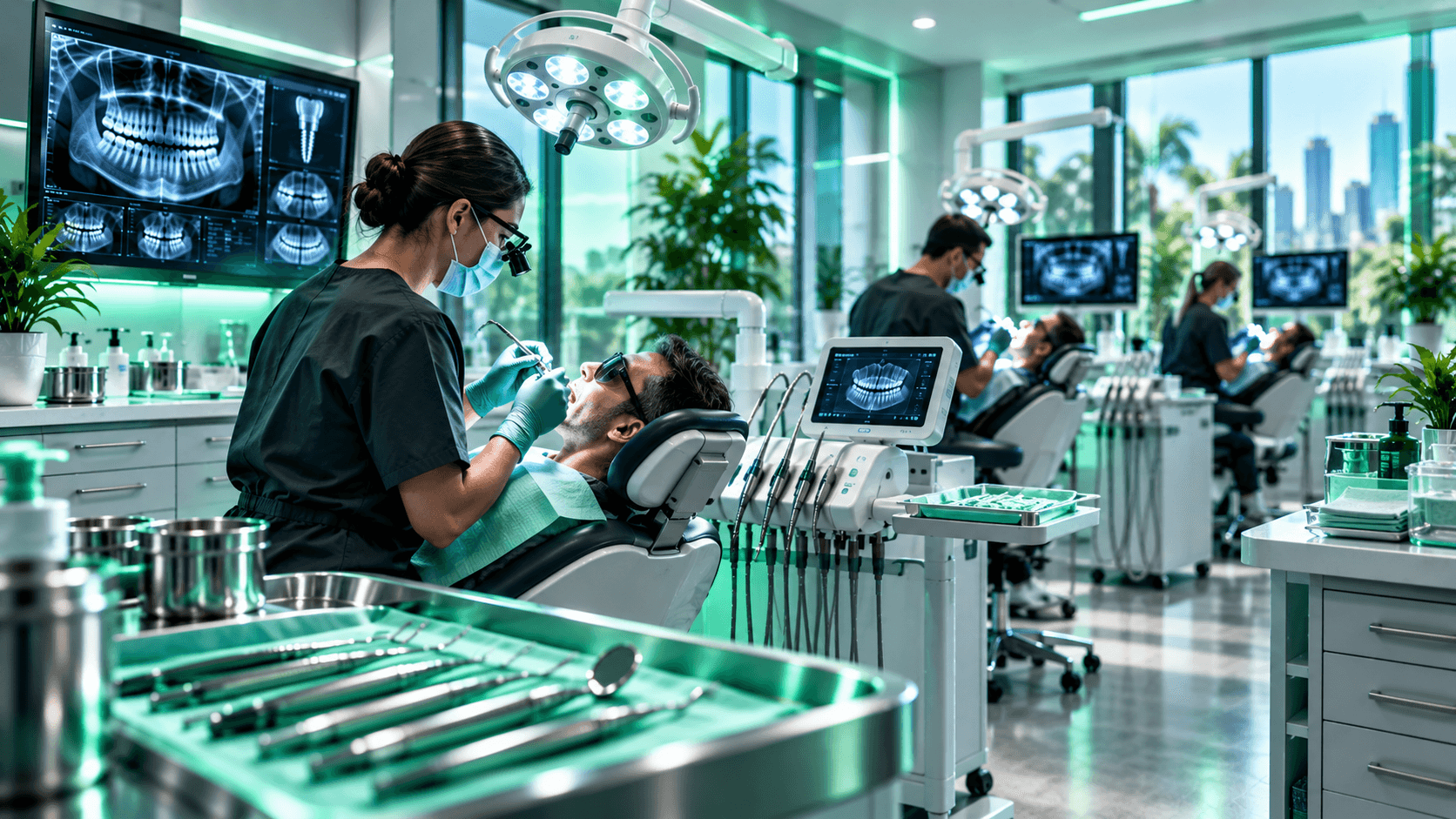 Dentists treat patients in a bright, modern clinic with advanced technology and city views.