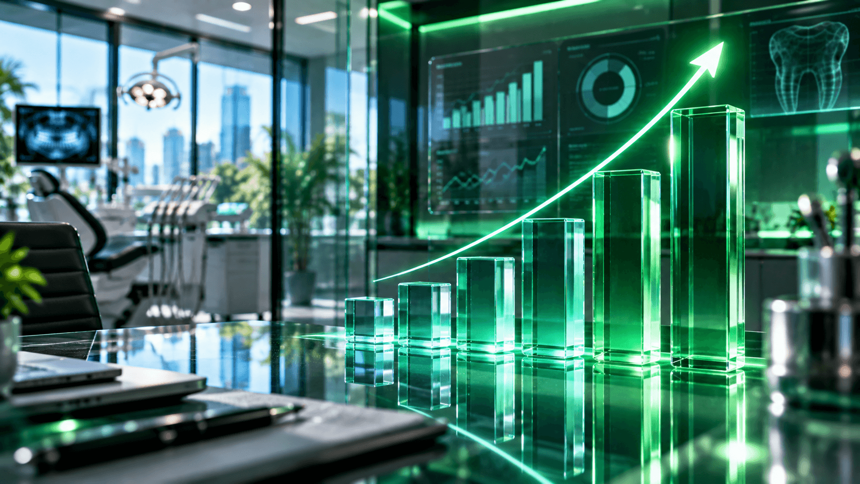 Glowing green bar chart with upward arrow on a desk in a modern dental office.