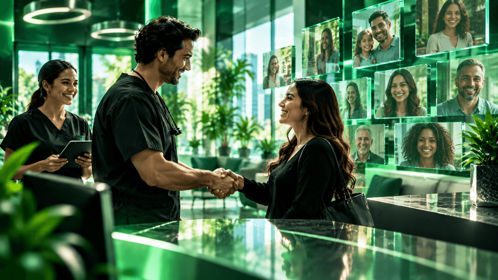 Doctor shakes hands with a patient in a modern clinic with digital patient screens.