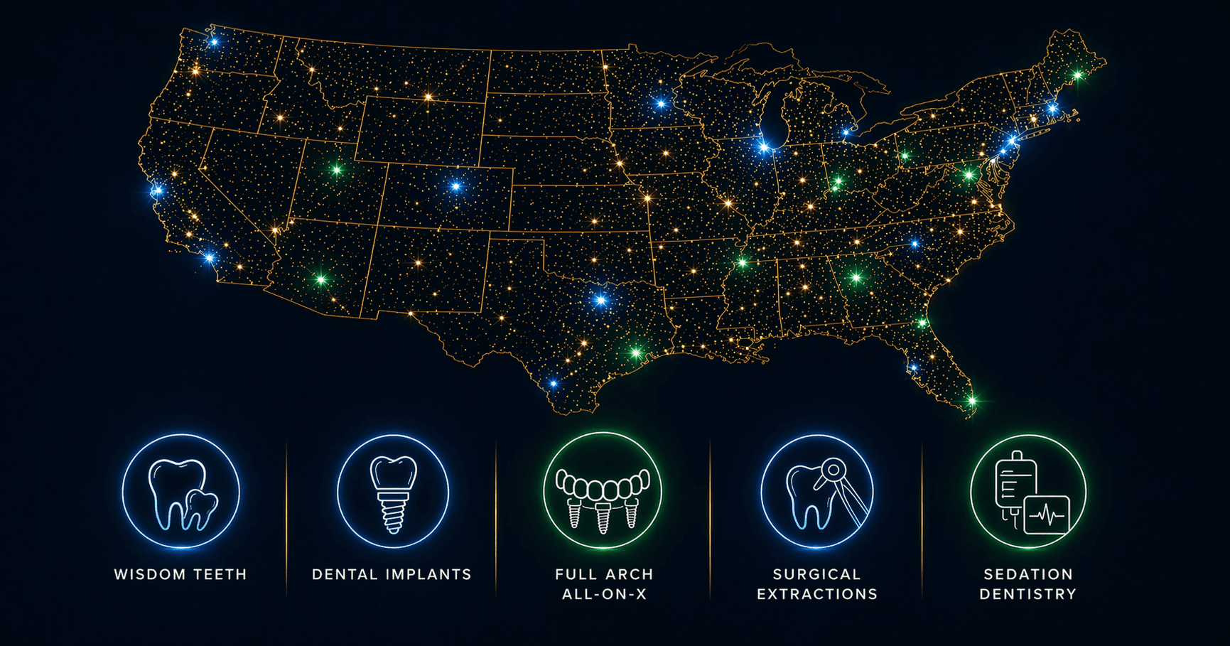 Glowing US map with icons for wisdom teeth, implants, full arch, extractions, and sedation dentistry.
