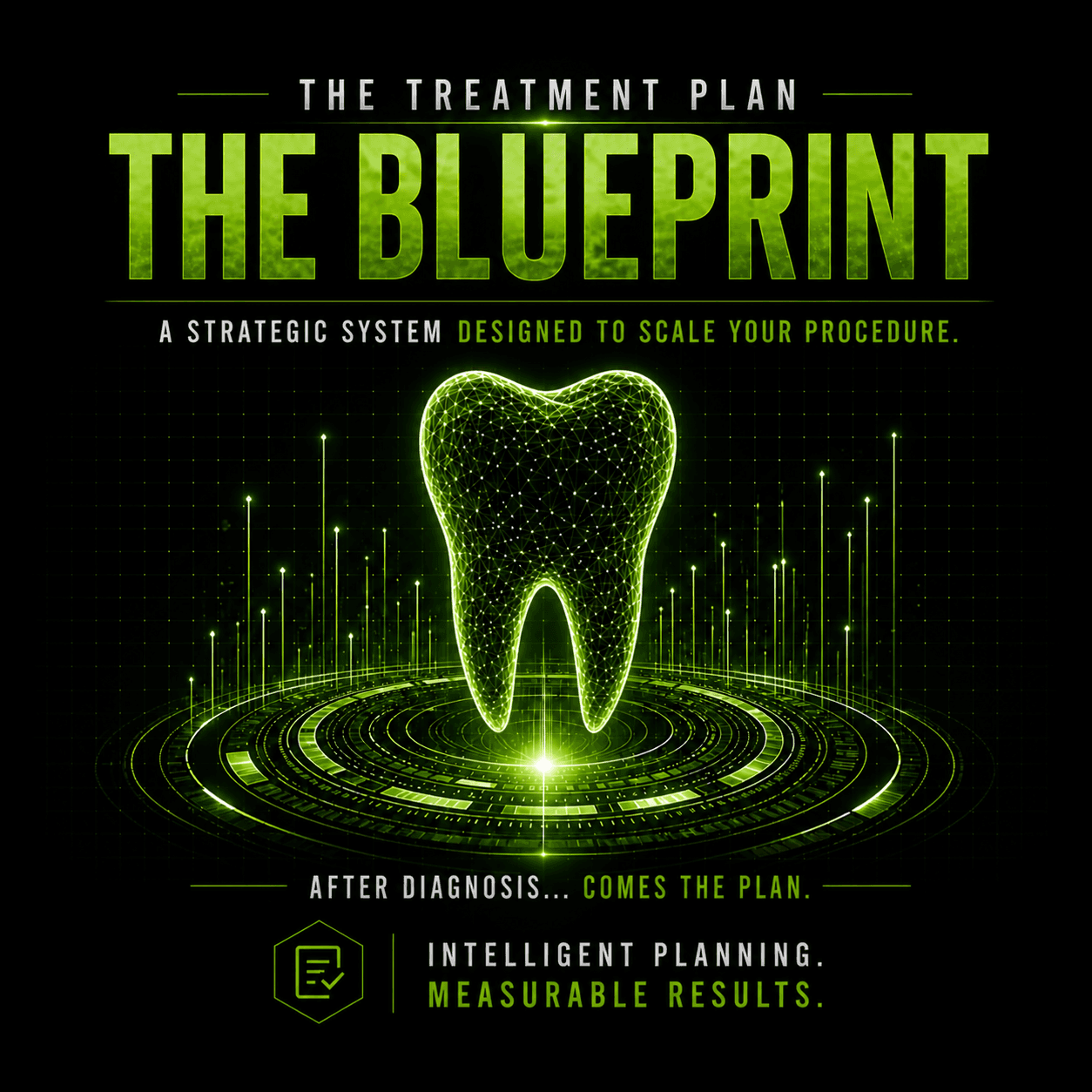 Glowing green digital tooth wireframe above a circular interface for The Blueprint treatment plan.